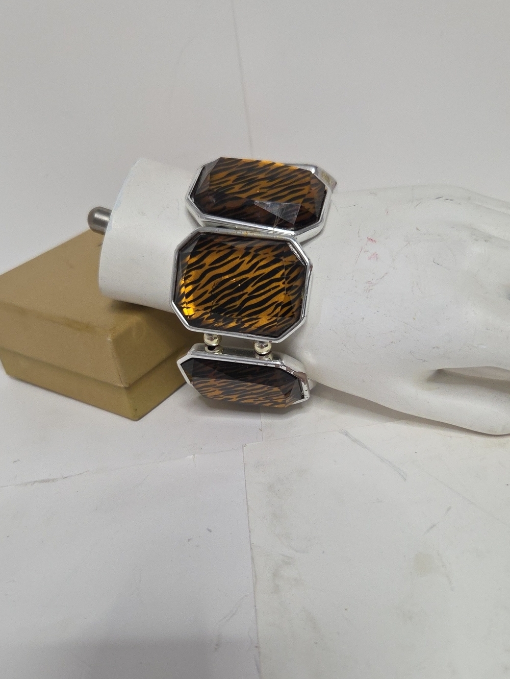 Tiger Stripe Octagon Stretch Bracelet - Brown Accent